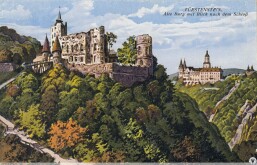 Pocztówka z widokiem na ruiny Starego Książa oraz zamku Książ. 